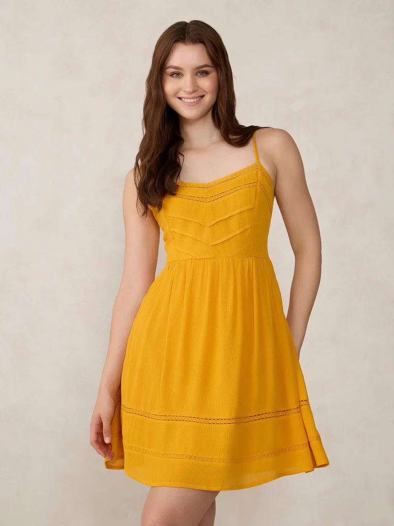 Outzidr Mustard Mustard Aline Mini Dress With Lace Detail for Women | Best Price UAE